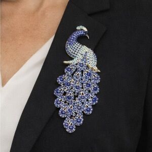 Cobalt Blue & Gold Peacock Brooch - Crystal Animal Pin - Vintage Style